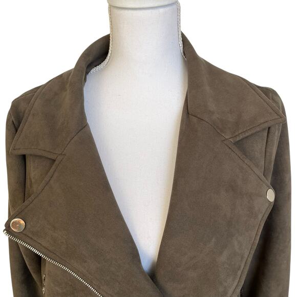 Apperloth A Moto Jacket Women's Size Large L Olive Green Faux Suede Zippers Soft - Picture 2 of 10